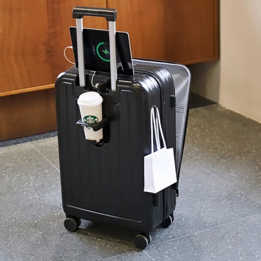 2025 usine nouveau Design ABS + PC aluminium chariot bagages ouverture avant sacs de voyage avec porte-gobelet USB charge valise